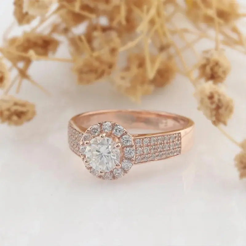 14K ROSE GOLD HALO MOSSANITE ENGAGEMENT RING .5CT Moissanite Engagement Rings & Jewelry | Luxus Moissanite | Rose Gold Halo Engagement Rings