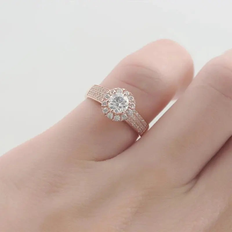 14K ROSE GOLD HALO MOSSANITE ENGAGEMENT RING .5CT Moissanite Engagement Rings & Jewelry | Luxus Moissanite | Rose Gold Halo Engagement Rings