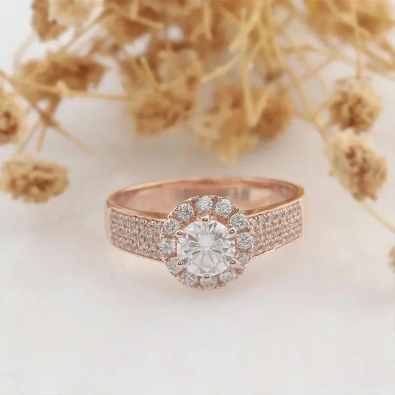 14K ROSE GOLD HALO MOSSANITE ENGAGEMENT RING .5CT Moissanite Engagement Rings & Jewelry | Luxus Moissanite | Rose Gold Halo Engagement Rings