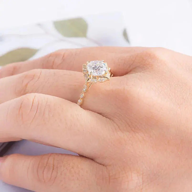 14K YELLOW GOLD CUSHION CUT HALO MOISSANITE ENGAGEMENT RING 1.3CT Moissanite Engagement Rings & Jewelry | Luxus Moissanite