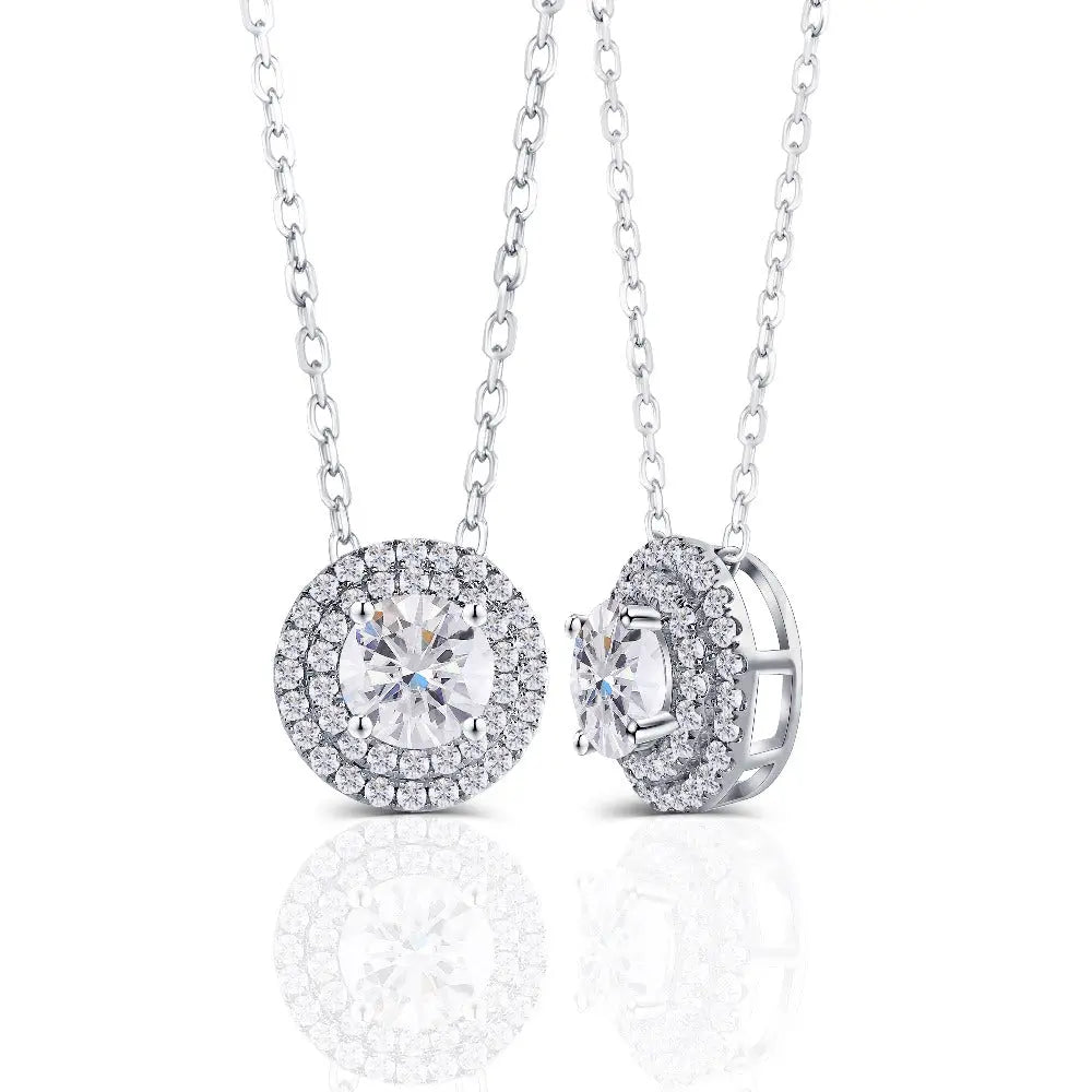 14k White Gold Double Halo Moissanite Necklace / Pendant 1.5ct Center Stone Moissanite Engagement Rings & Jewelry | Luxus Moissanite | Double Halo Necklace
