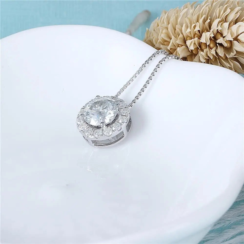 14k White Gold Halo Moissanite Necklace 1.3ct Total Moissanite Engagement Rings & Jewelry | Luxus Moissanite | Cute Necklace Gold