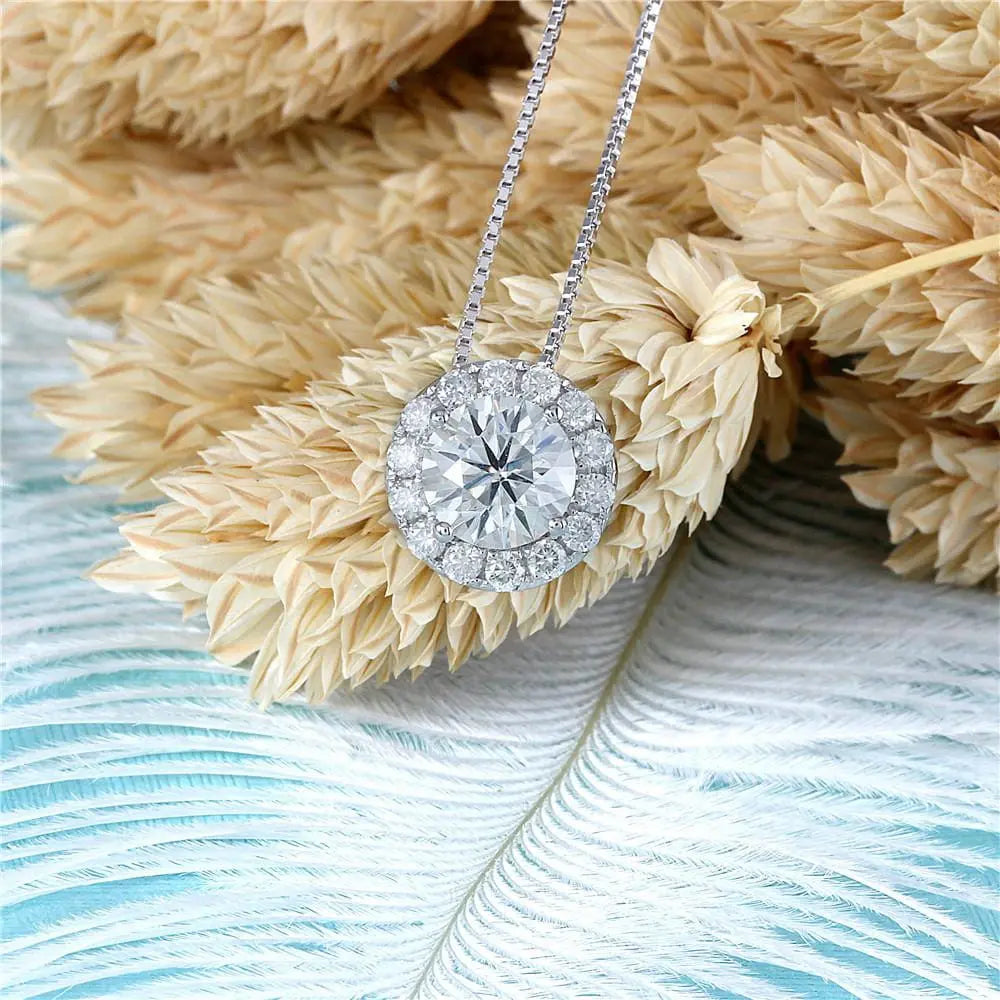 14k White Gold Halo Moissanite Necklace 1.3ct Total Moissanite Engagement Rings & Jewelry | Luxus Moissanite | Cute Necklace Gold | Cute Necklace Gold