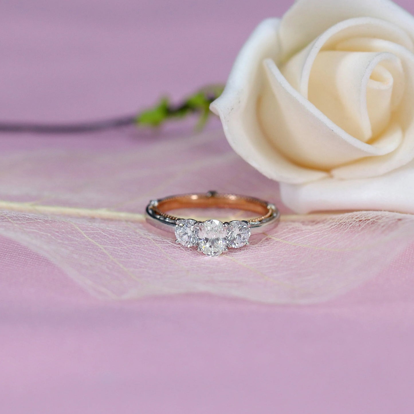 14k White & Rose Gold Moissanite 3 Stone Ring 1.24ct Total Moissanite Engagement Rings & Jewelry | Luxus Moissanite