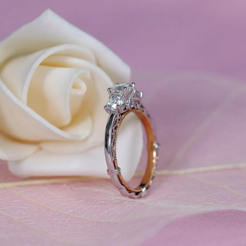 14k White & Rose Gold Moissanite 3 Stone Ring 1.24ct Total Moissanite Engagement Rings & Jewelry | Luxus Moissanite
