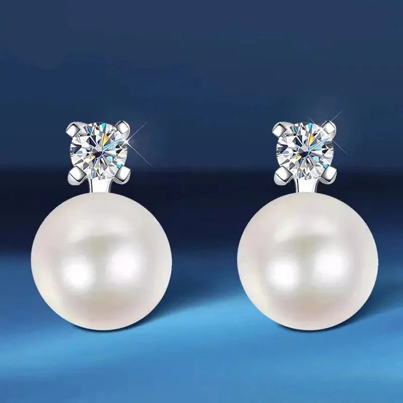 18K WHITE GOLD PLATED SILVER MOISSANITE STUD 0.6 CTW AND PEARL DROP EARRINGS Moissanite Engagement Rings & Jewelry | Luxus Moissanite