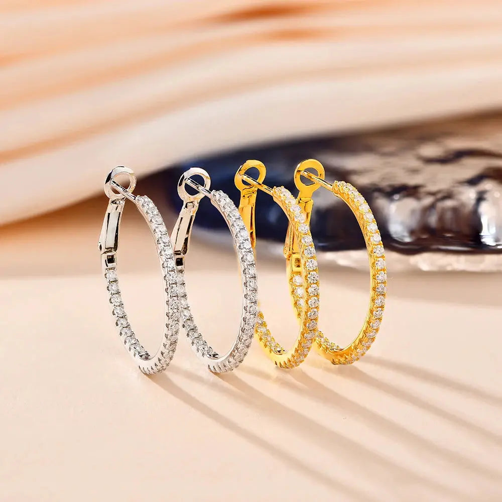 GOLD PLATED SILVER 1.5MM MOISSANITE HOOP EARRINGS 15MM & 25MM DIAMETERS Moissanite Engagement Rings & Jewelry | Luxus Moissanite | best hoop earrings