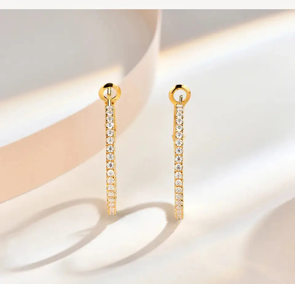 GOLD PLATED SILVER 1.5MM MOISSANITE HOOP EARRINGS 15MM & 25MM DIAMETERS Moissanite Engagement Rings & Jewelry | Luxus Moissanite | best hoop earrings