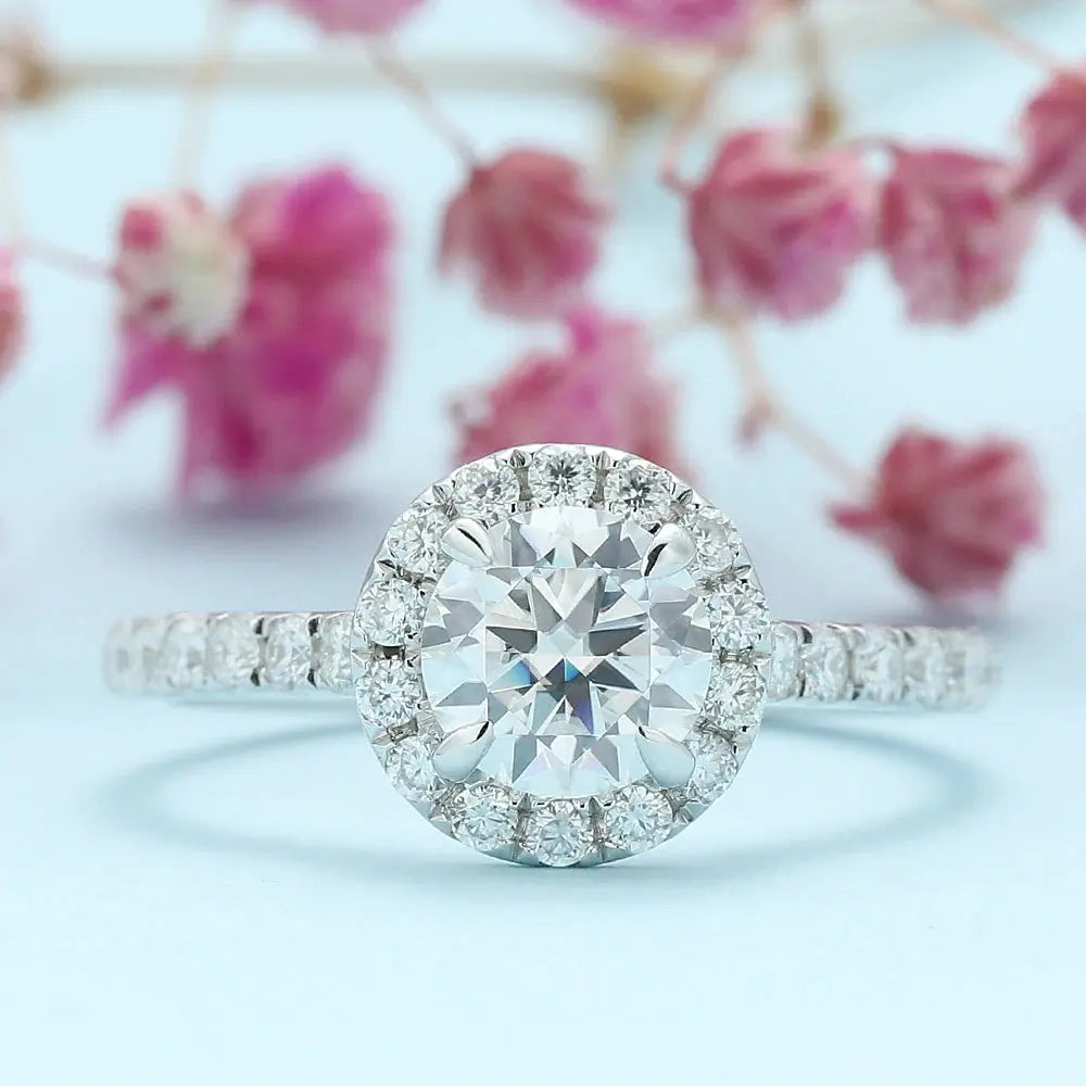 PLATINUM PLATED SILVER HALO MOISSANITE ENGAGEMENT RING 1CT Moissanite Engagement Rings & Jewelry | Luxus Moissanite | Best Moissanite Engagement Ring Cheap 