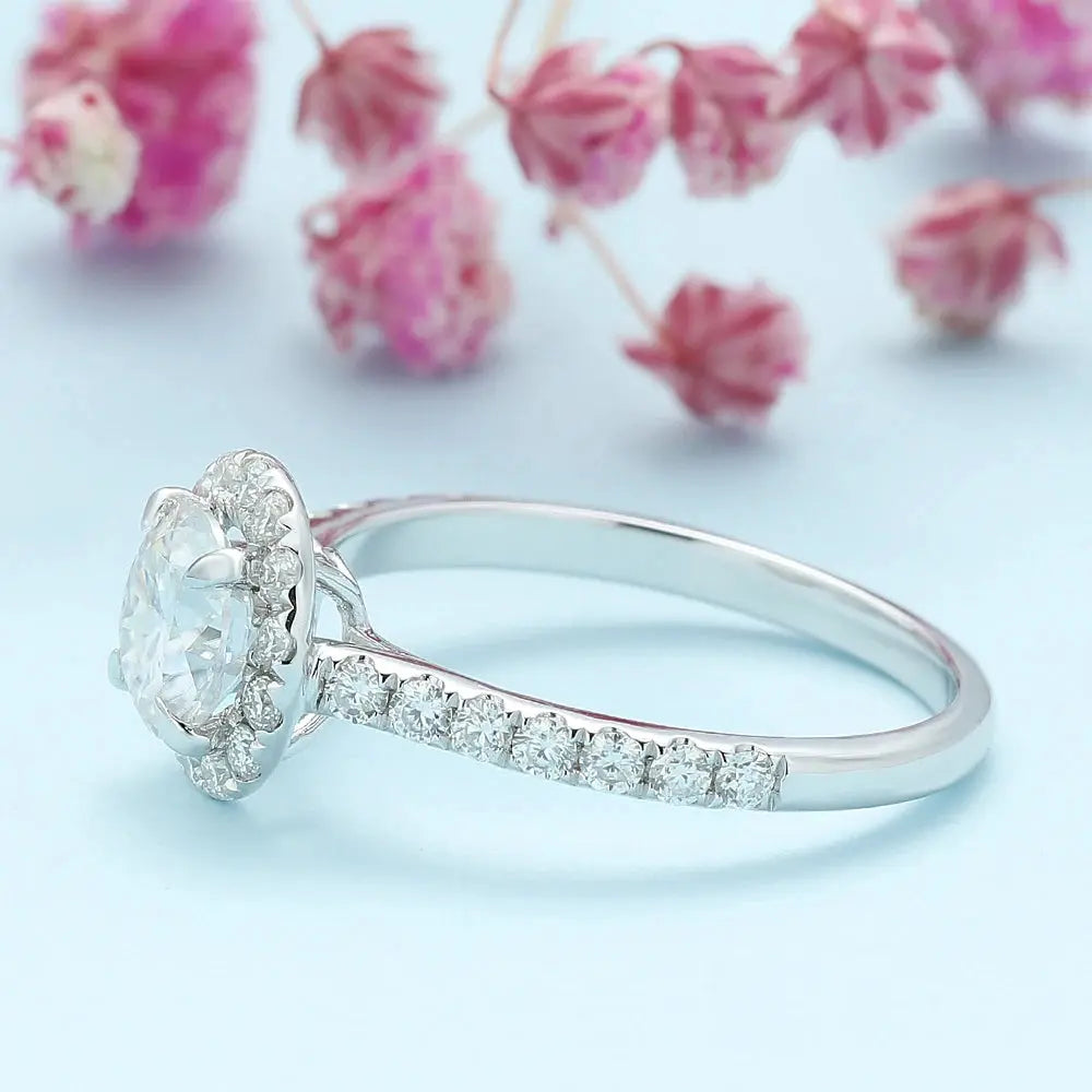 PLATINUM PLATED SILVER HALO MOISSANITE ENGAGEMENT RING 1CT Moissanite Engagement Rings & Jewelry | Luxus Moissanite Best Moissanite Engagement Ring Cheap 