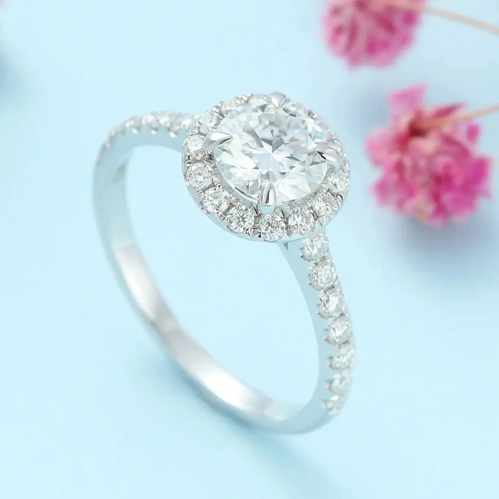 PLATINUM PLATED SILVER HALO MOISSANITE ENGAGEMENT RING 1CT Moissanite Engagement Rings & Jewelry | Luxus Moissanite Best Moissanite Engagement Ring Cheap Best Moissanite Engagement Ring Cheap