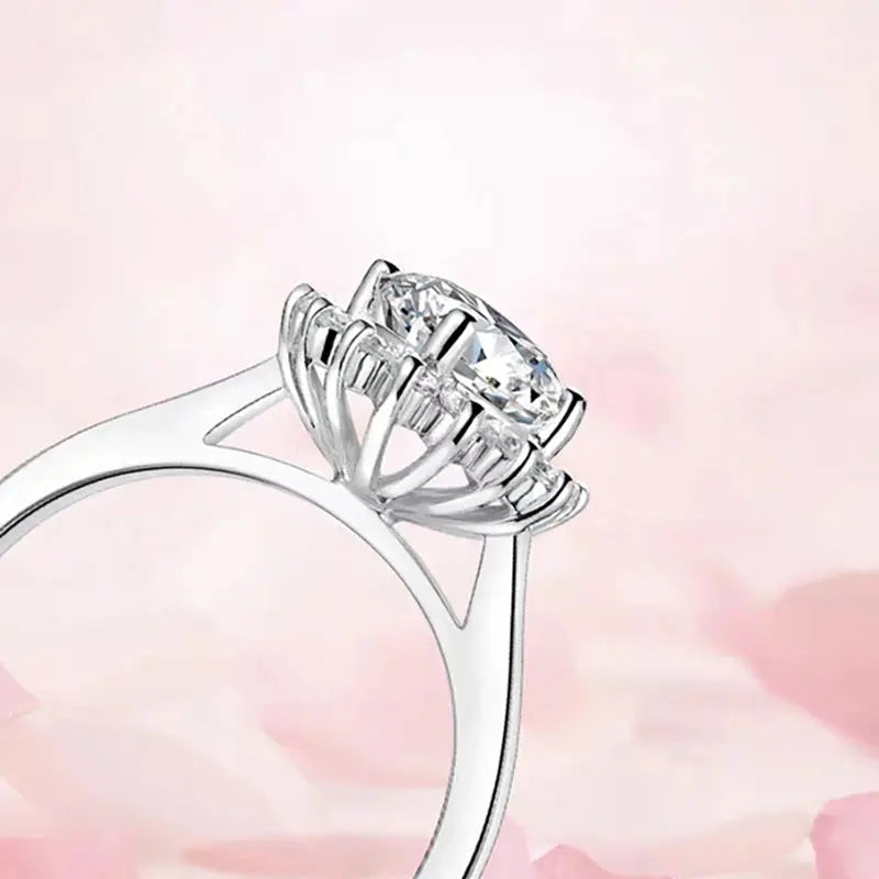 PLATINUM PLATED SILVER SUNFLOWER HALO MOISSANITE ENGAGEMENT RING 1CT Moissanite Engagement Rings & Jewelry | Luxus Moissanite | Sunflower Engagement Ring | Sunflower Engagement Ring