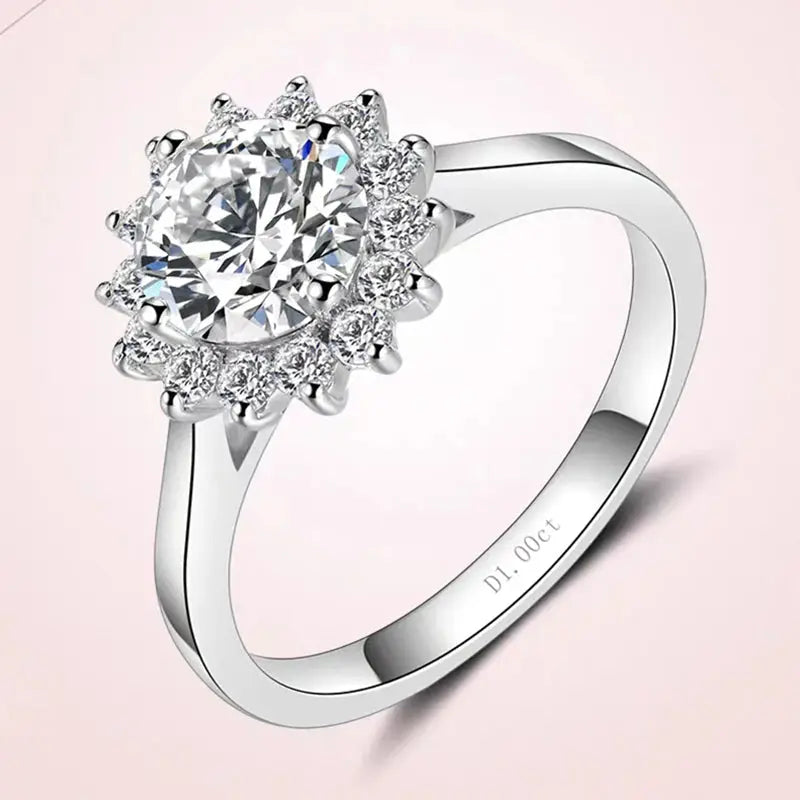 PLATINUM PLATED SILVER SUNFLOWER HALO MOISSANITE ENGAGEMENT RING 1CT Moissanite Engagement Rings & Jewelry | Luxus Moissanite | Sunflower Engagement Ring