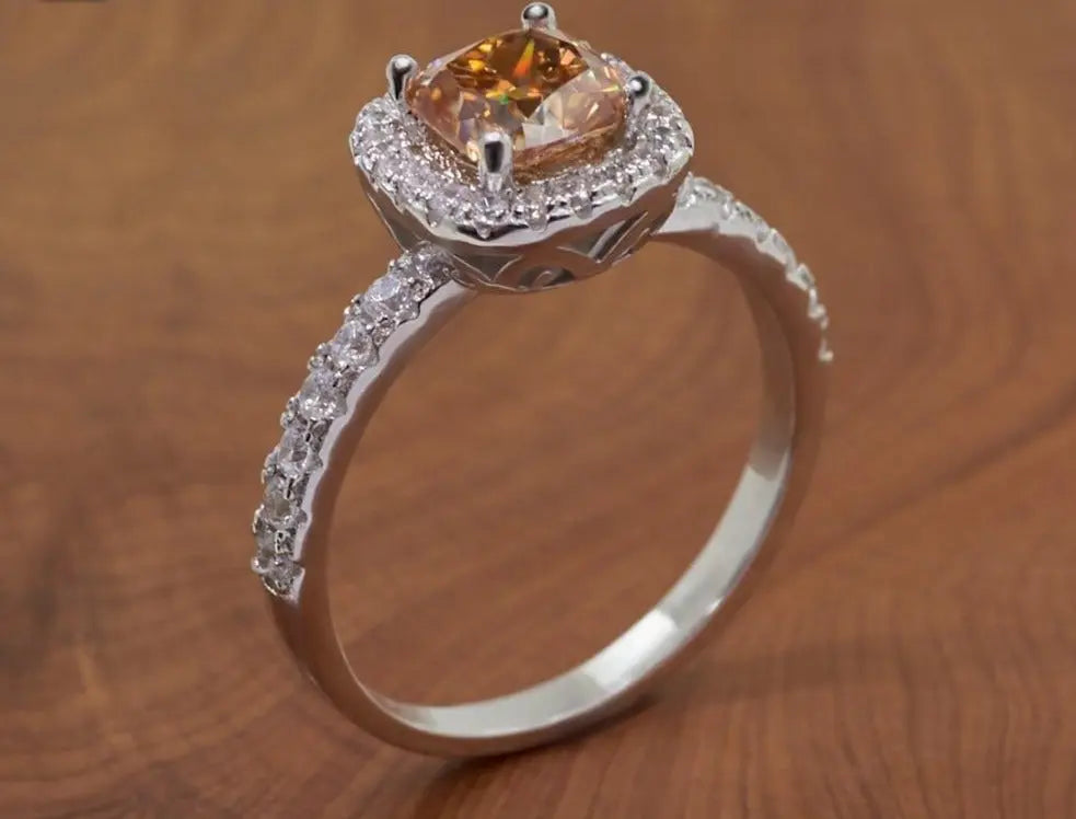 Platinum Plated Silver Halo Moissanite Ring 1ct (Multiple Colors) Stone Moissanite Engagement Rings & Jewelry | Luxus Moissanite