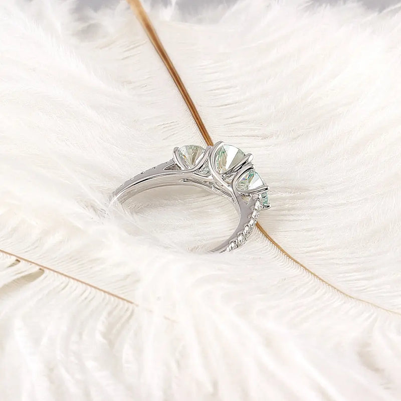 10k White Gold 3 Stone Slightly Blue / Turquoise Moissanite Ring 2.24ct Moissanite Engagement Rings & Jewelry | Luxus Moissanite