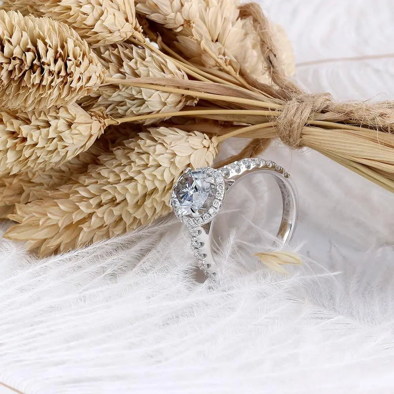 10k White Gold Halo Moissanite Ring 2.13ct Total Moissanite Engagement Rings & Jewelry | Luxus Moissanite
