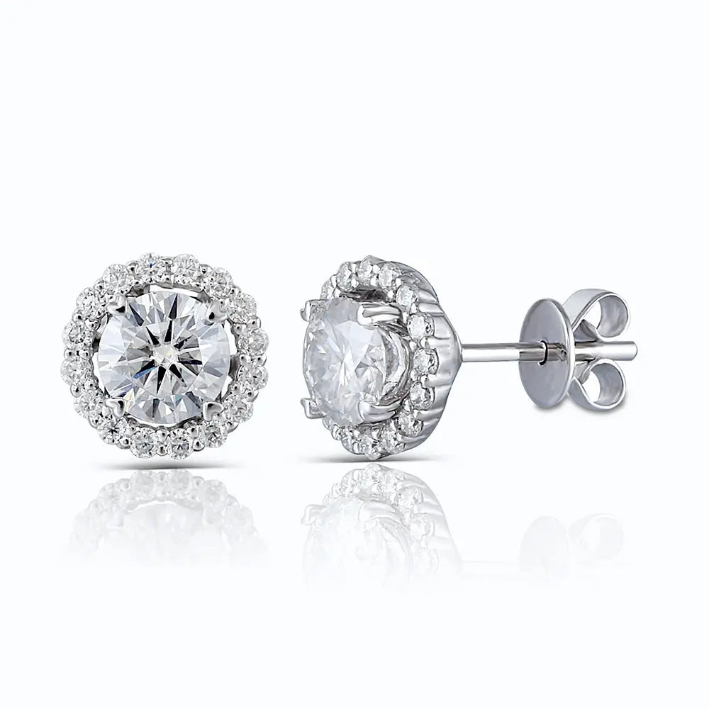 10k White Gold Halo Moissanite Stud Earrings 1.48ctw Moissanite Engagement Rings & Jewelry | Luxus Moissanite | Halo Stud Earrings