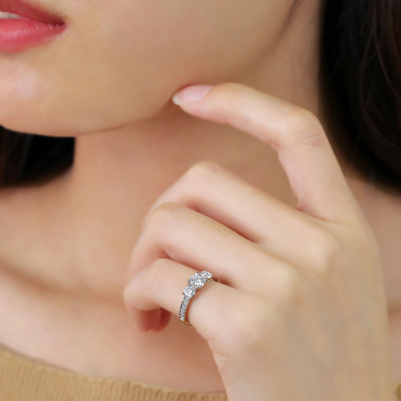 10k White, Yellow, Rose Gold 3 Stone Moissanite Ring 1.1ct Total Moissanite Engagement Rings & Jewelry | Luxus Moissanite