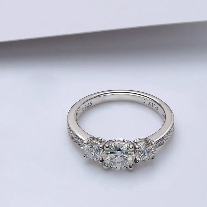 10k White, Yellow, Rose Gold 3 Stone Moissanite Ring 1.1ct Total Moissanite Engagement Rings & Jewelry | Luxus Moissanite