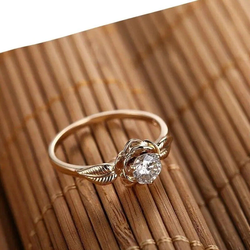 10k Yellow Gold Flower Solitaire Moissanite Ring 0.5ct Moissanite Engagement Rings & Jewelry | Luxus Moissanite