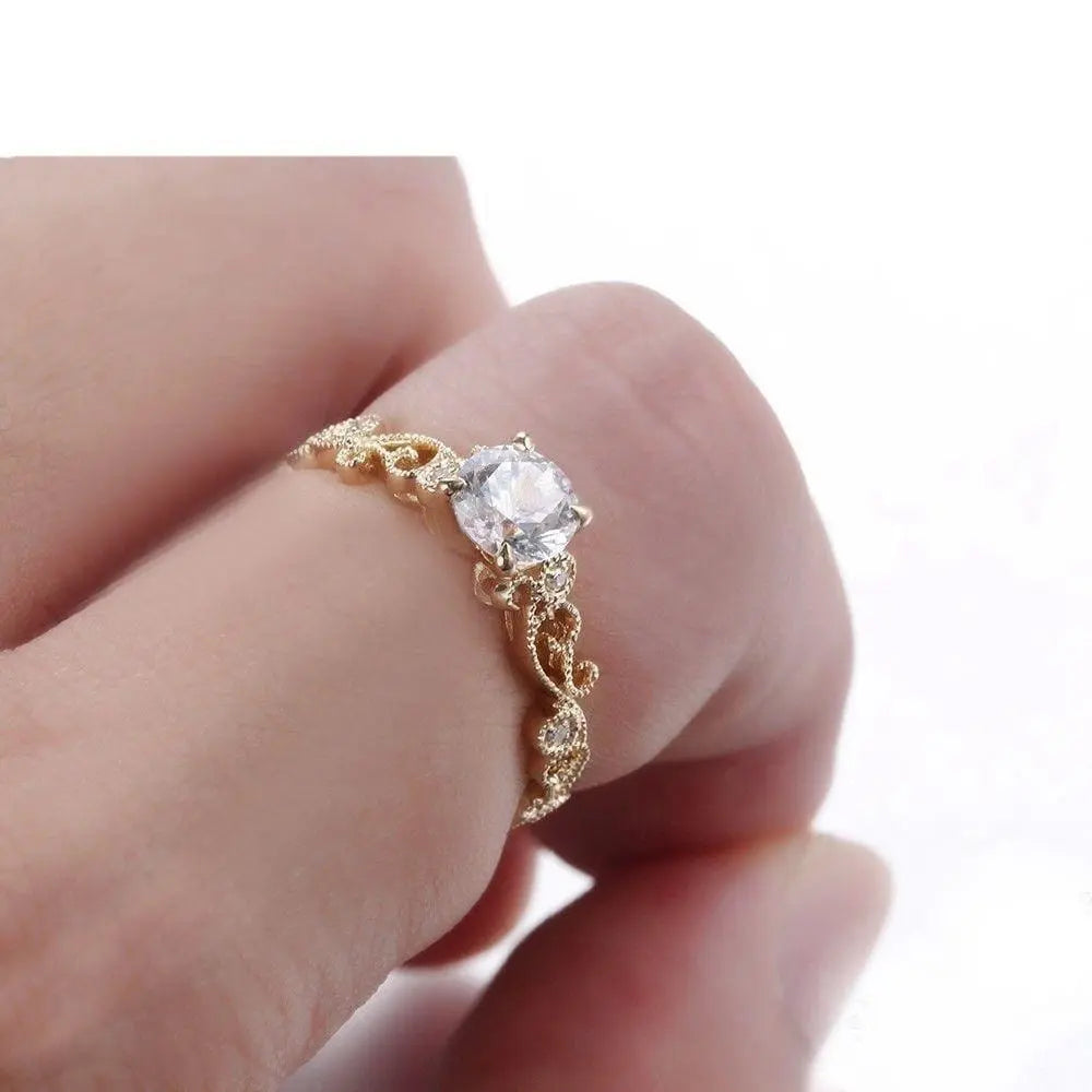 10k Yellow Gold Vintage Moissanite Ring 0.65ct Center Stone Moissanite Engagement Rings & Jewelry | Luxus Moissanite | Moissanite Ring Engagement for Woman