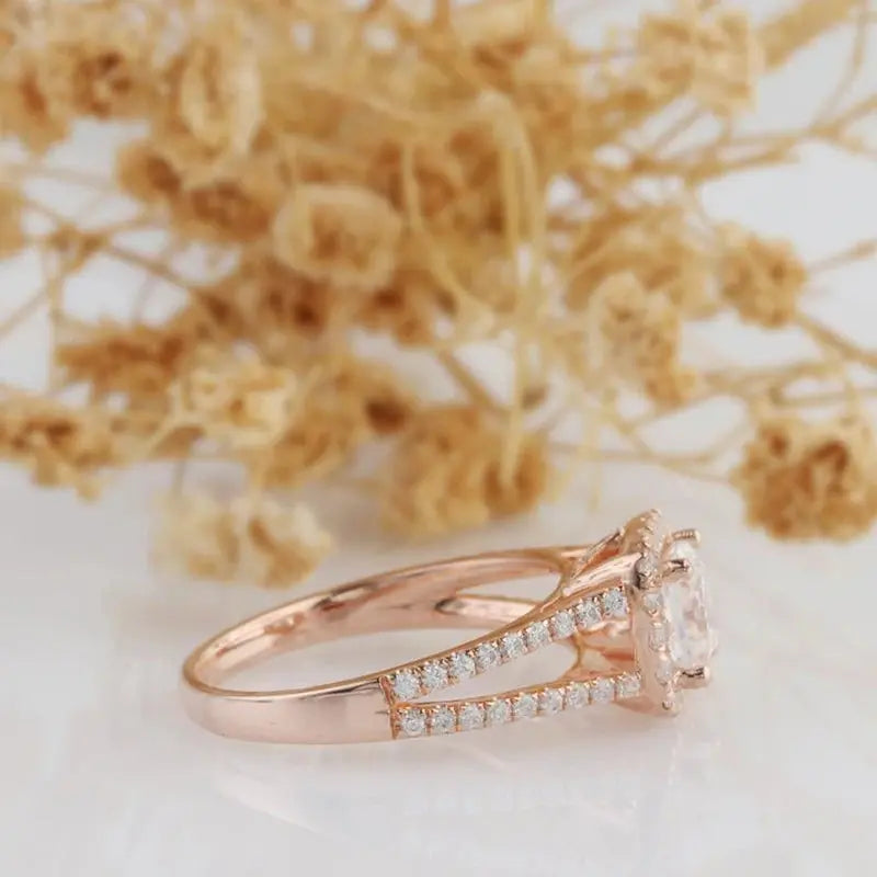 14K ROSE GOLD HALO MOISSANITE ENGAGEMENT RING 1CT Moissanite Engagement Rings & Jewelry | Luxus Moissanite Rose Gold Halo Moissanite Engagement Ring