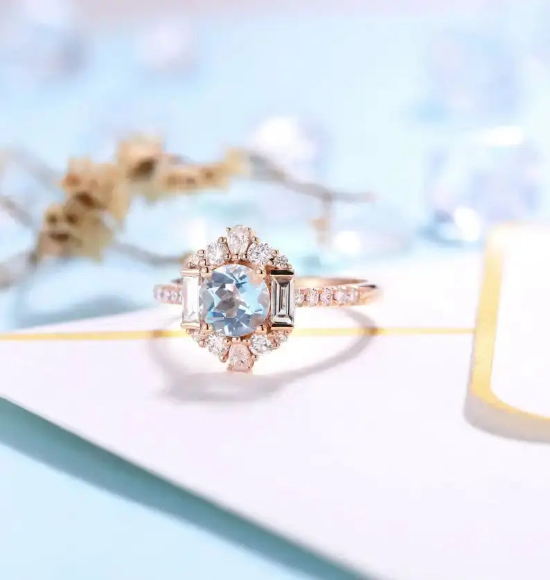 14K ROSE GOLD MOISSANITE ACCENTS BIRTHSTONE AQUAMARINE ENGAGEMENT RING Moissanite Engagement Rings & Jewelry | Luxus Moissanite