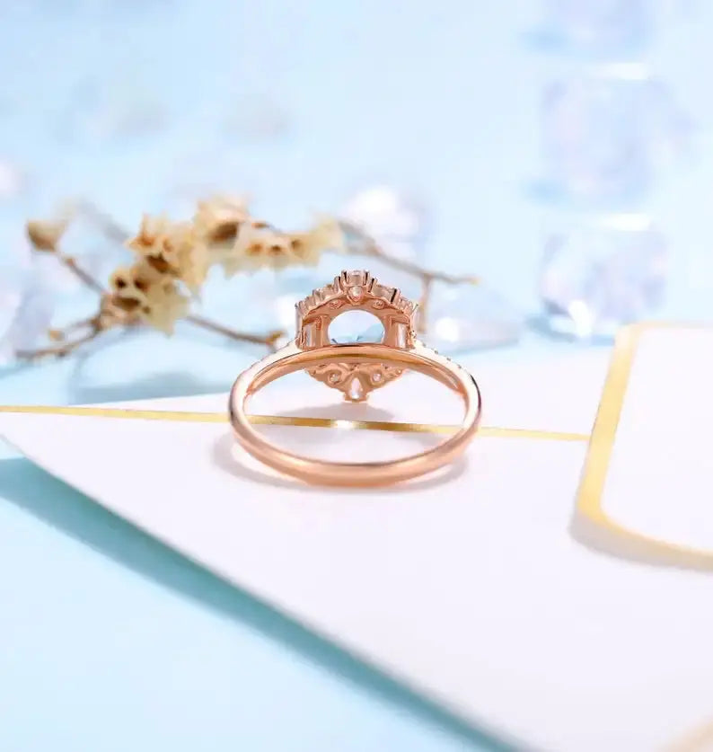 14K ROSE GOLD MOISSANITE ACCENTS BIRTHSTONE AQUAMARINE ENGAGEMENT RING Moissanite Engagement Rings & Jewelry | Luxus Moissanite