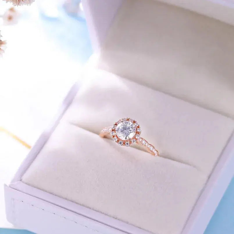 14K ROSE GOLD MOISSANITE HALO ENGAGEMENT RING 1CT Moissanite Engagement Rings & Jewelry | Luxus Moissanite | Rose Gold Halo Ring