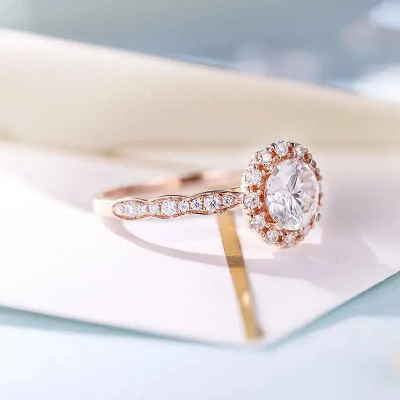 14K ROSE GOLD MOISSANITE HALO ENGAGEMENT RING 1CT Moissanite Engagement Rings & Jewelry | Luxus Moissanite