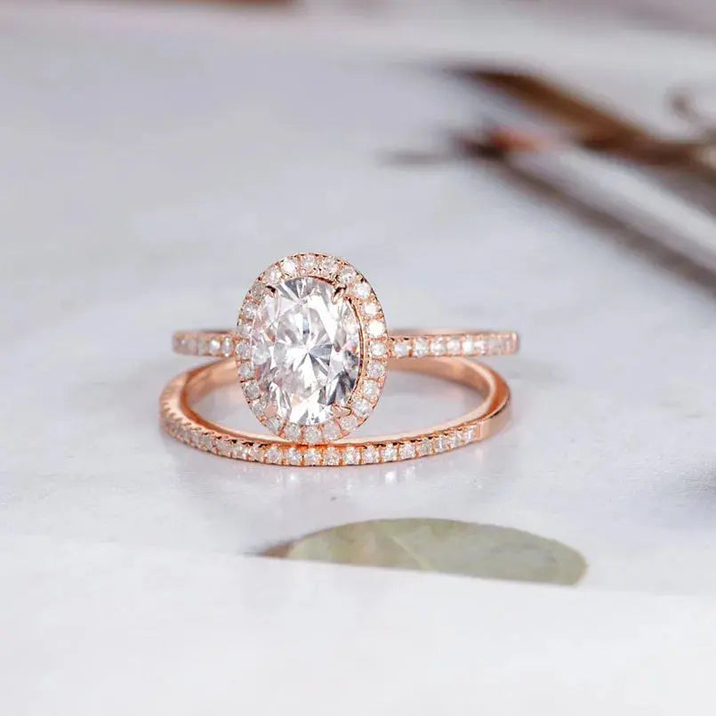 14K ROSE GOLD MOISSANITE OVAL CUT HALO 1.5CT Moissanite Engagement Rings & Jewelry | Luxus Moissanite