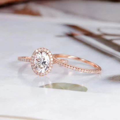 14K ROSE GOLD MOISSANITE OVAL CUT HALO 1.5CT Moissanite Engagement Rings & Jewelry | Luxus Moissanite