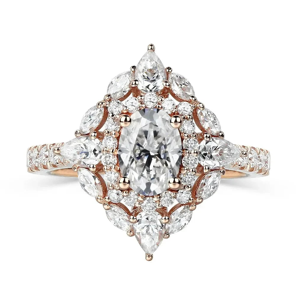 14K ROSE GOLD OVAL CUT DOUBLE HALO MOISSANITE ENGAGEMENT RING 1.25CT Moissanite Engagement Rings & Jewelry | Luxus Moissanite