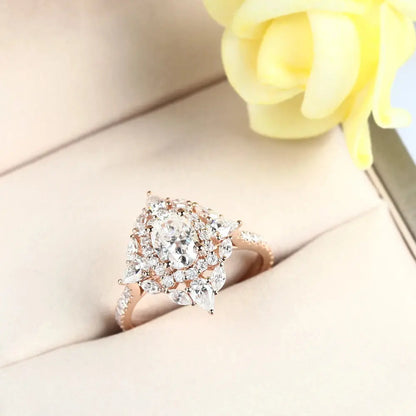 14K ROSE GOLD OVAL CUT DOUBLE HALO MOISSANITE ENGAGEMENT RING 1.25CT Moissanite Engagement Rings & Jewelry | Luxus Moissanite