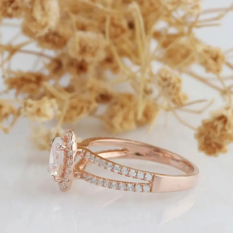 14K ROSE GOLD OVAL MOISSANITE HALO ENGAGEMENT RING Moissanite Engagement Rings & Jewelry | Luxus Moissanite | | 14k Rose Gold Moissanite Engagement Ring