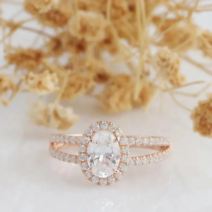 14K ROSE GOLD OVAL MOISSANITE HALO ENGAGEMENT RING Moissanite Engagement Rings & Jewelry | Luxus Moissanite