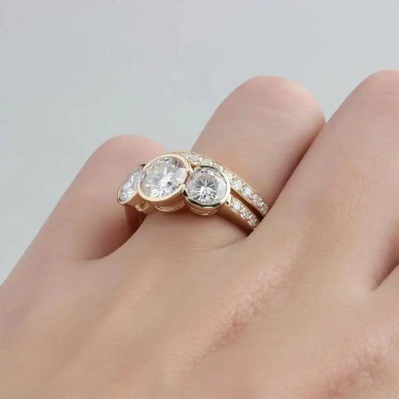 14K ROSE GOLD THREE STONE MOISSANITE ENGAGEMENT BRIDAL SET 3.1 CTW Moissanite Engagement Rings & Jewelry | Luxus Moissanite