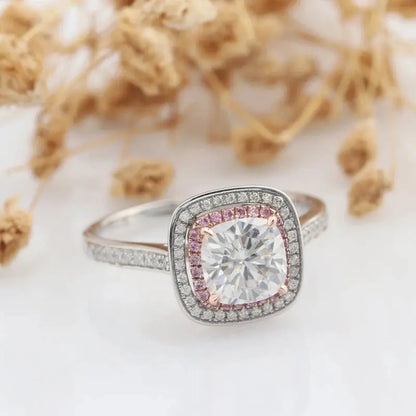 14K TWO TONE DOUBLE HALO ENGAGEMENT RING 2CT Moissanite Engagement Rings & Jewelry | Luxus Moissanite