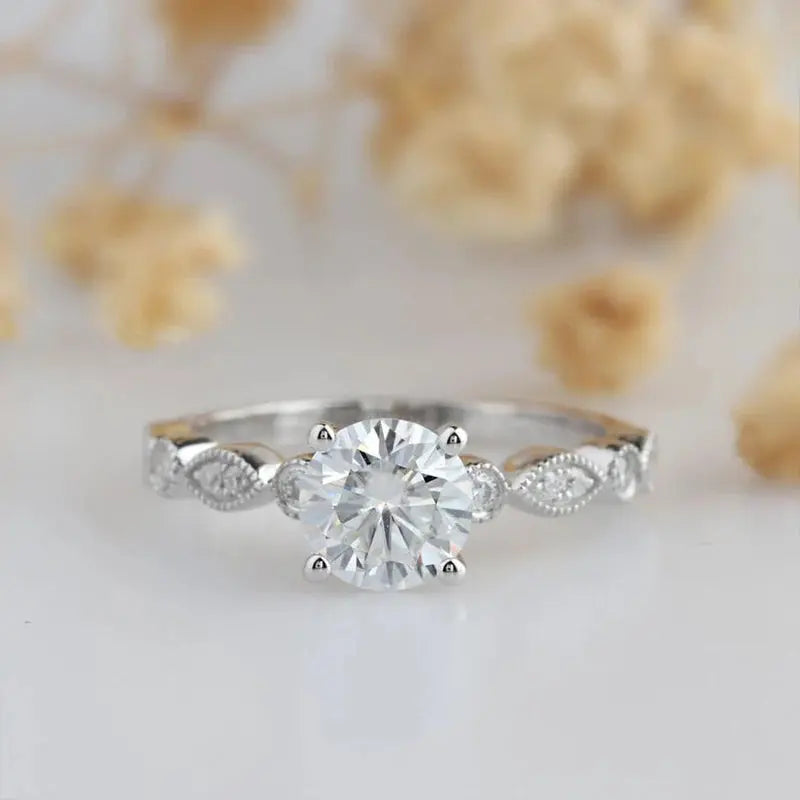 14K WHITE GOLD ANTIQUE MILGRAIN MOISSANITE ENGAGEMENT RING 1CT Moissanite Engagement Rings & Jewelry | Luxus Moissanite | Best Milgrain Moissanite Engagement Ring!