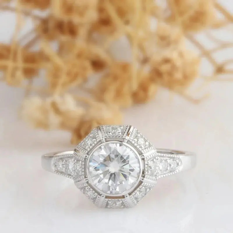 14K WHITE GOLD FILIGREE MILGRAIN MOISSANITE ENGAGEMENT RING 1CT Moissanite Engagement Rings & Jewelry | Luxus Moissanite