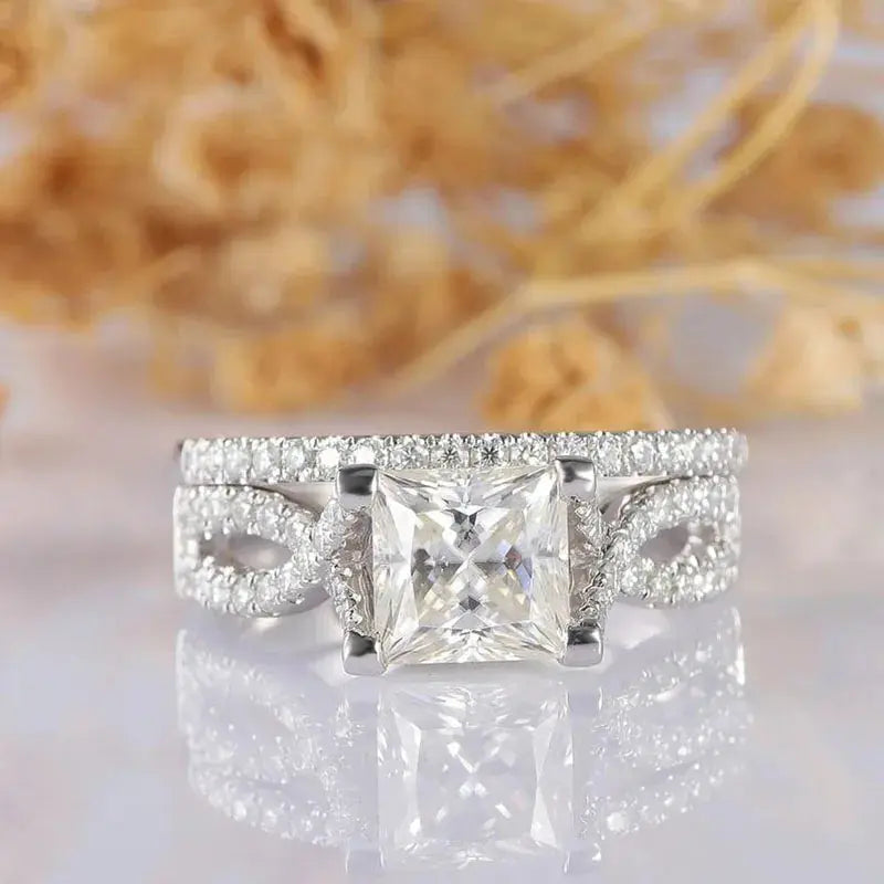 14K WHITE GOLD PRINCESS CUT MOISSANITE TWIST ENGAGEMENT RING SET 1CT Moissanite Engagement Rings & Jewelry | Luxus Moissanite