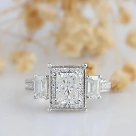 14K WHITE GOLD RADIANT CUT CENTER STONE 2CT, EMERALD CUT .5CT MOISSANITE ENGAGEMENT RING Moissanite Engagement Rings & Jewelry | Luxus Moissanite