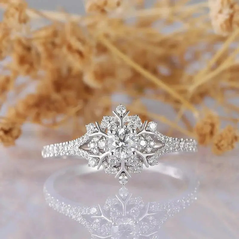 14K WHITE GOLD SNOW FLAKE MOISSANITE ENGAGEMENT RING Moissanite Engagement Rings & Jewelry | Luxus Moissanite | Engagement Ring Snowflake