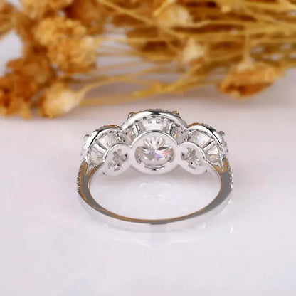 14K WHITE GOLD THREE STONE HALO MOISSANITE ENGAGEMENT RING Moissanite Engagement Rings & Jewelry | Luxus Moissanite | Three Stone Halo Engagement Ring