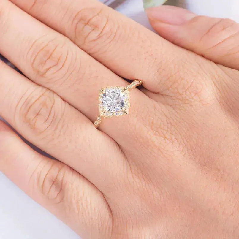 14K YELLOW GOLD CUSHION CUT HALO MOISSANITE ENGAGEMENT RING 1.3CT Moissanite Engagement Rings & Jewelry | Luxus Moissanite