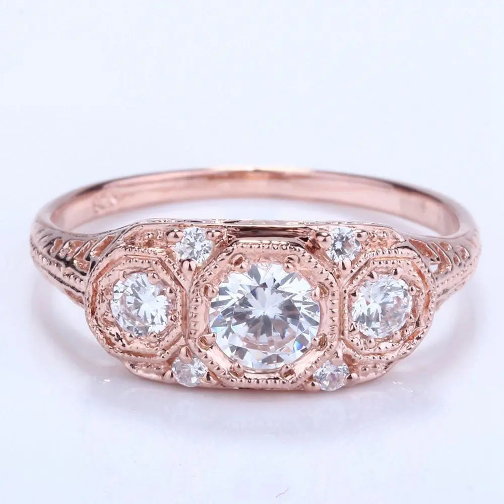 14k Rose Gold 3 Stone Moissanite Ring 0.7ct Total Moissanite Engagement Rings & Jewelry | Luxus Moissanite | Best Wedding Ring Jewelers