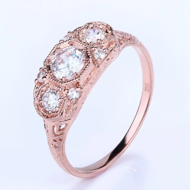14k Rose Gold 3 Stone Moissanite Ring 0.7ct Total Moissanite Engagement Rings & Jewelry | Luxus Moissanite