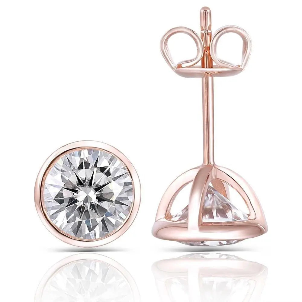 14k Rose Gold Bezel Moissanite Stud Earrings 2ctw Moissanite Engagement Rings & Jewelry | Cute Western Earrings | Luxus Moissanite