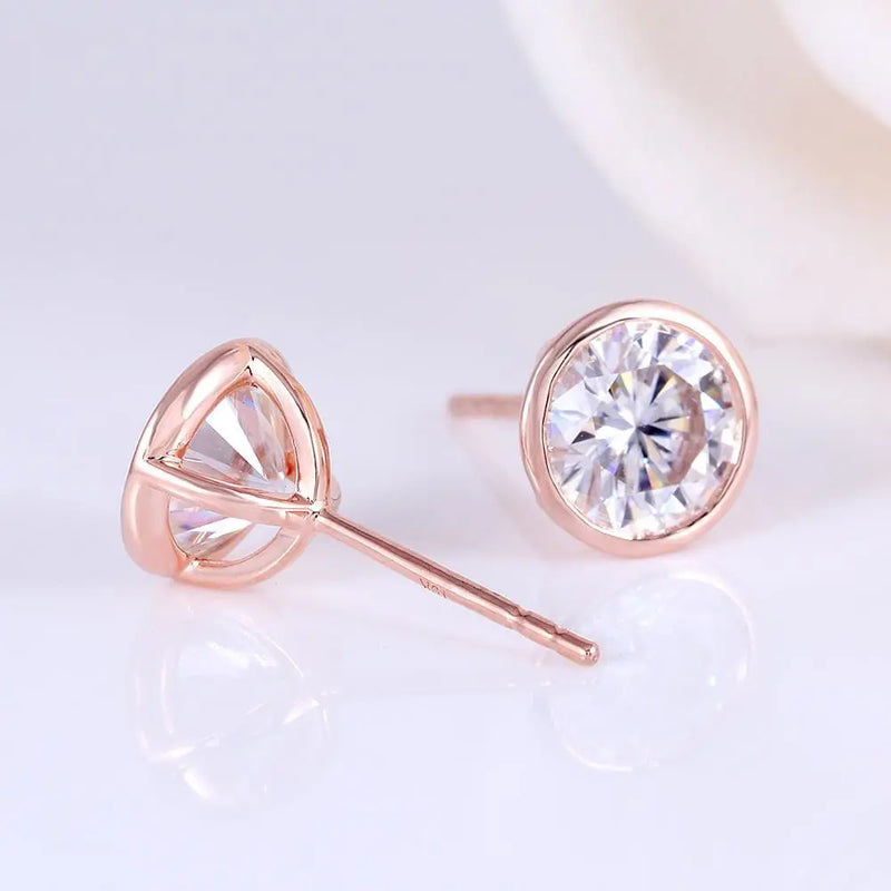 14k Rose Gold Bezel Moissanite Stud Earrings 2ctw Moissanite Engagement Rings & Jewelry | Luxus Moissanite