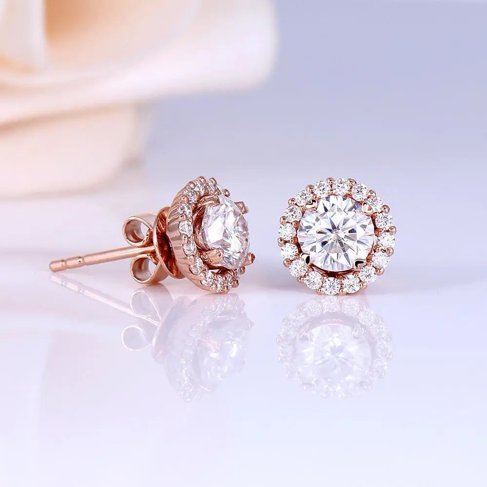 14k Rose Gold Halo Stud Moissanite Earrings 1.28ctw Moissanite Engagement Rings & Jewelry | Luxus Moissanite | Cool Unique Earrings | Cool Unique Earrings